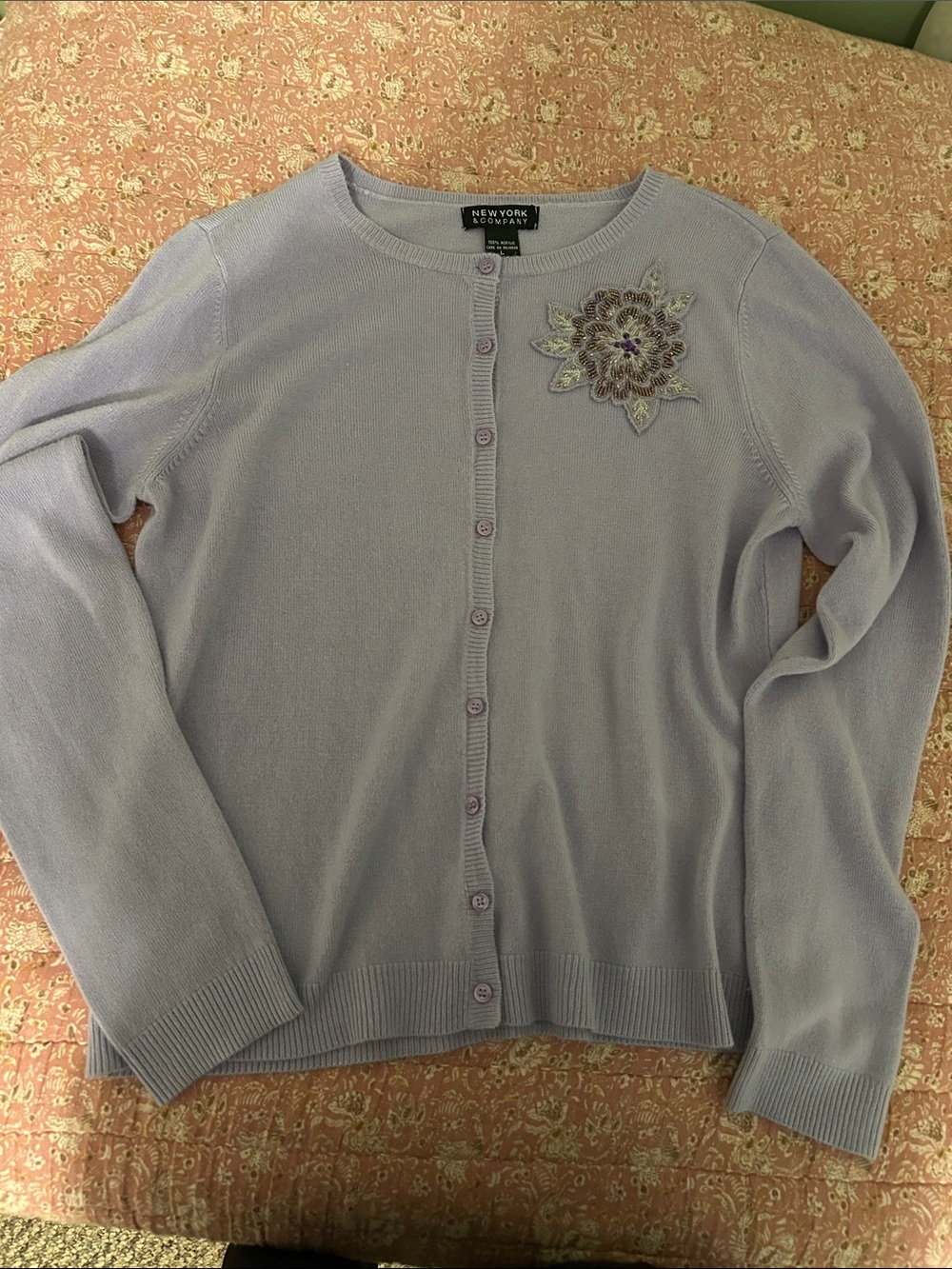 New York & Company Lavender Embellished Button-Up Cardigan